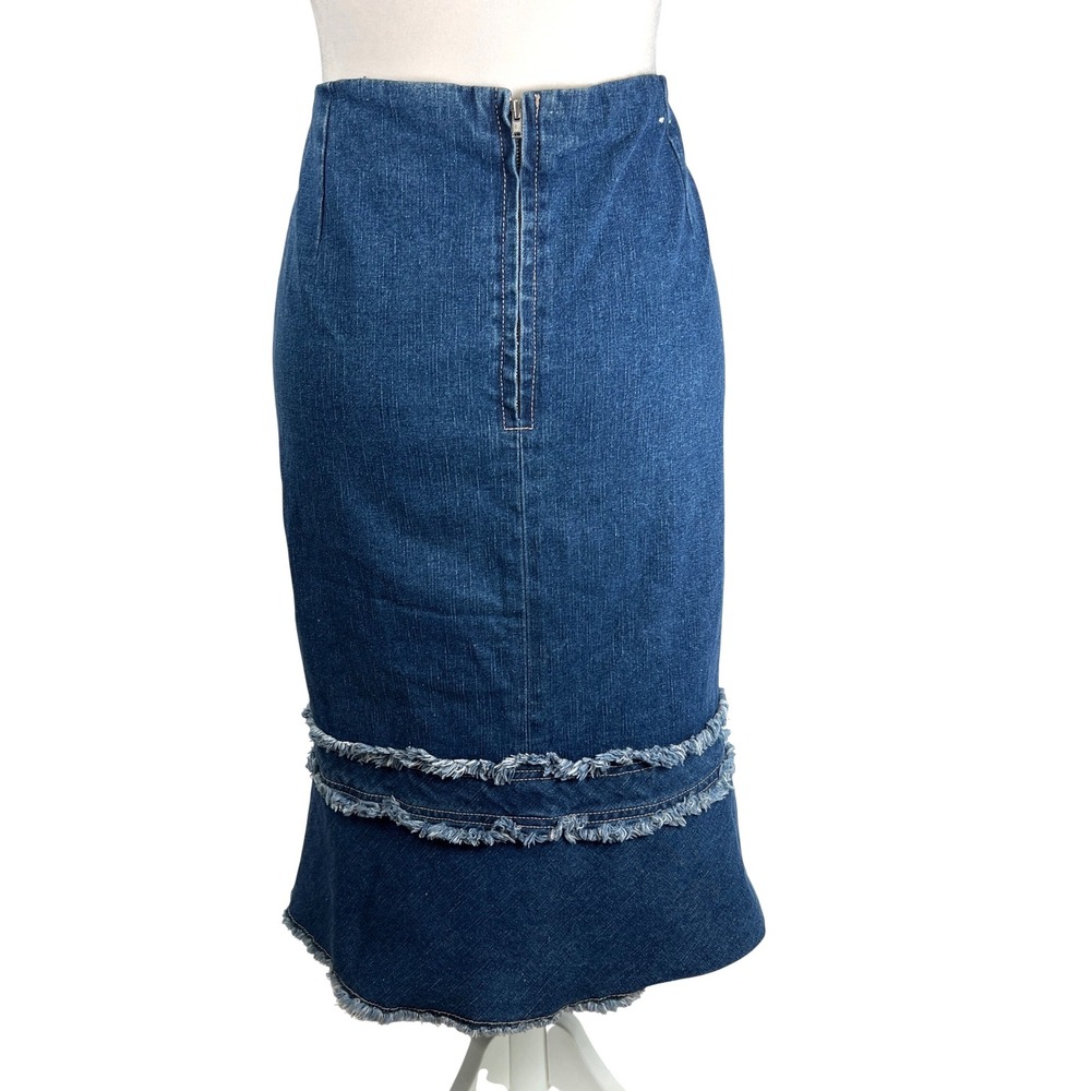 Quizz New York Y2K Denim Mermaid Midi Skirt Blue Frayed Rosette Size 16 Retro - Picture 2 of 7